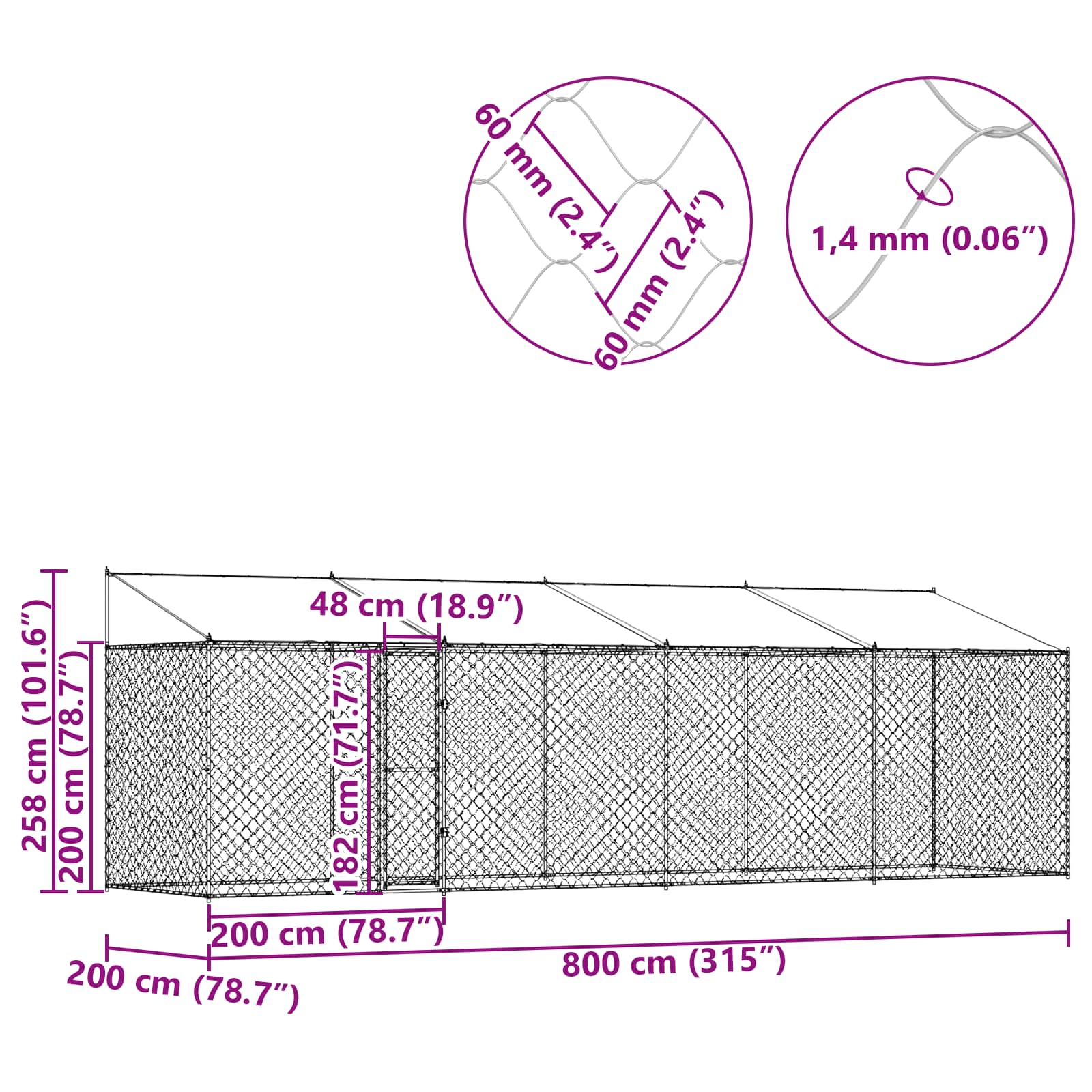 Κλουβί Σκυλιού με Στέγη Ασημί 800 x 200 x 256 εκ. - Pakobazaar