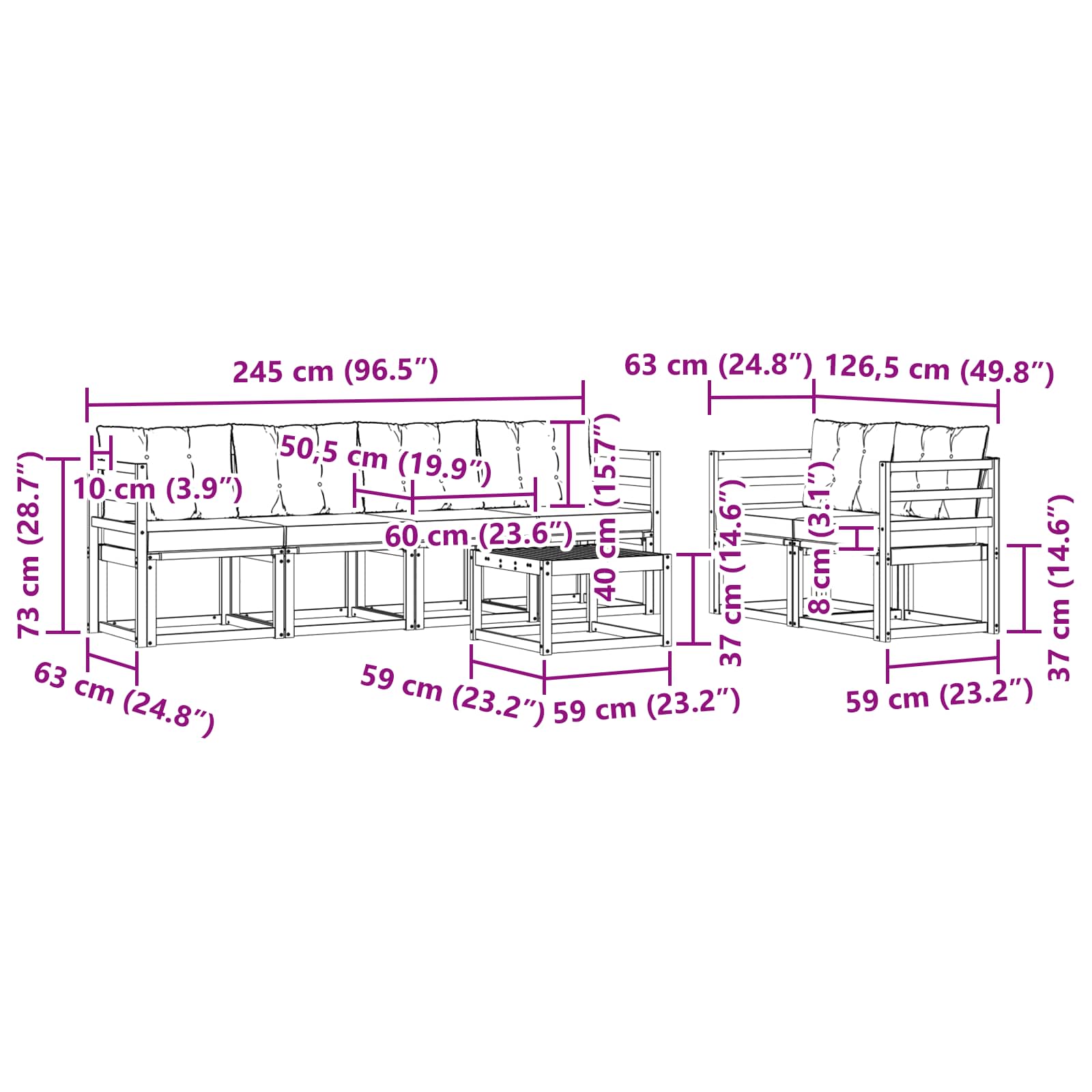 Σειρά Καναπέ Εξωτερικού με μαξιλάρι 7 pcs Φυσικό και Μαύρο - Pakobazaar