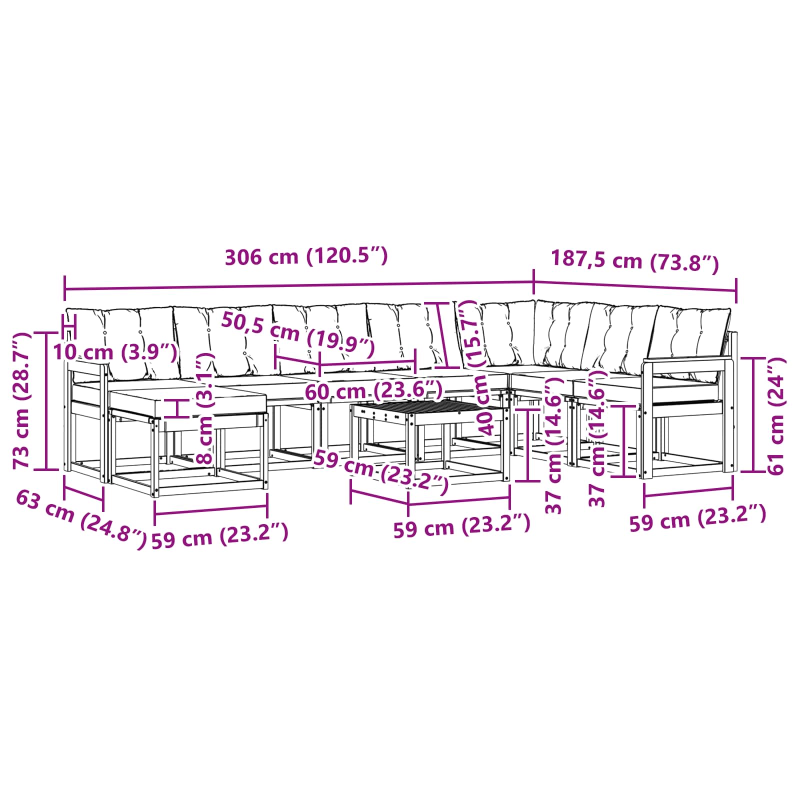 Σειρά Καναπέ Εξωτερικού με μαξιλάρι 9 pcs Φυσικό και Μαύρο - Pakobazaar