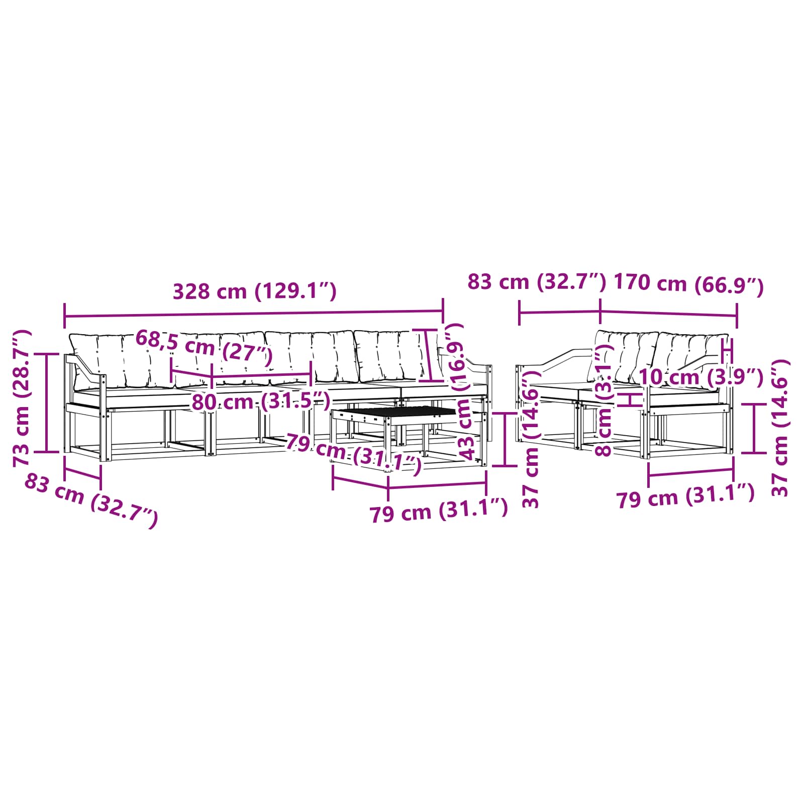 Σειρά Καναπέ Εξωτερικού με μαξιλάρι 7 pcs Φυσικό και Μαύρο - Pakobazaar