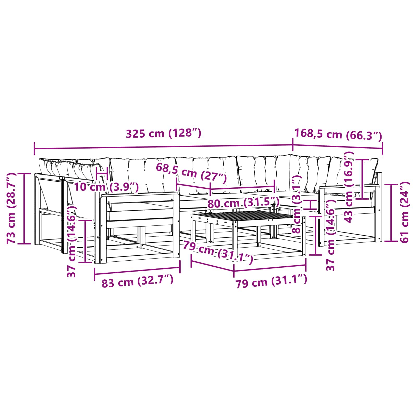Σειρά Καναπέ Εξωτερικού με μαξιλάρι 7 pcs Φυσικό και Μαύρο - Pakobazaar