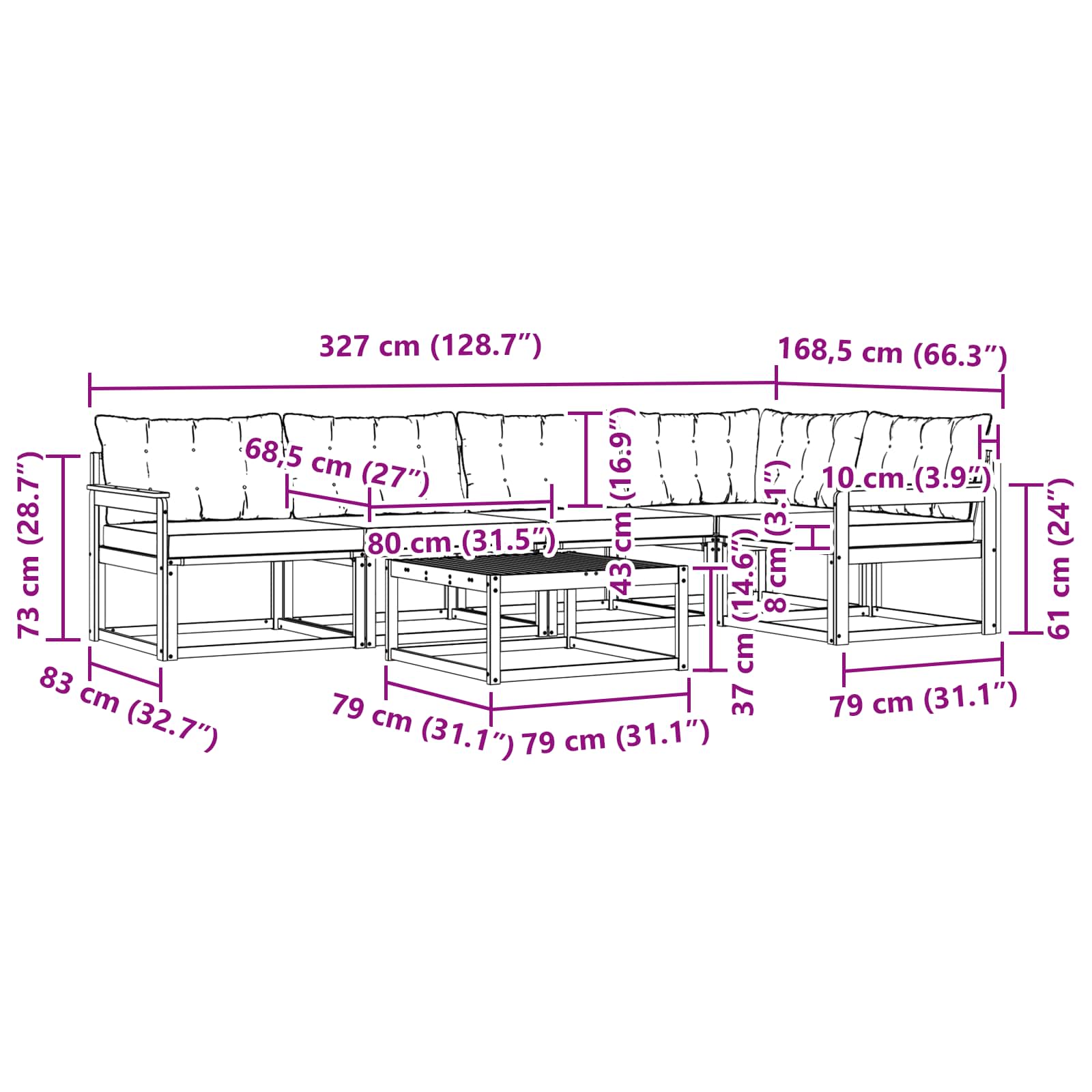 Σειρά Καναπέ Εξωτερικού με μαξιλάρι 6 pcs Φυσικό και Μαύρο - Pakobazaar