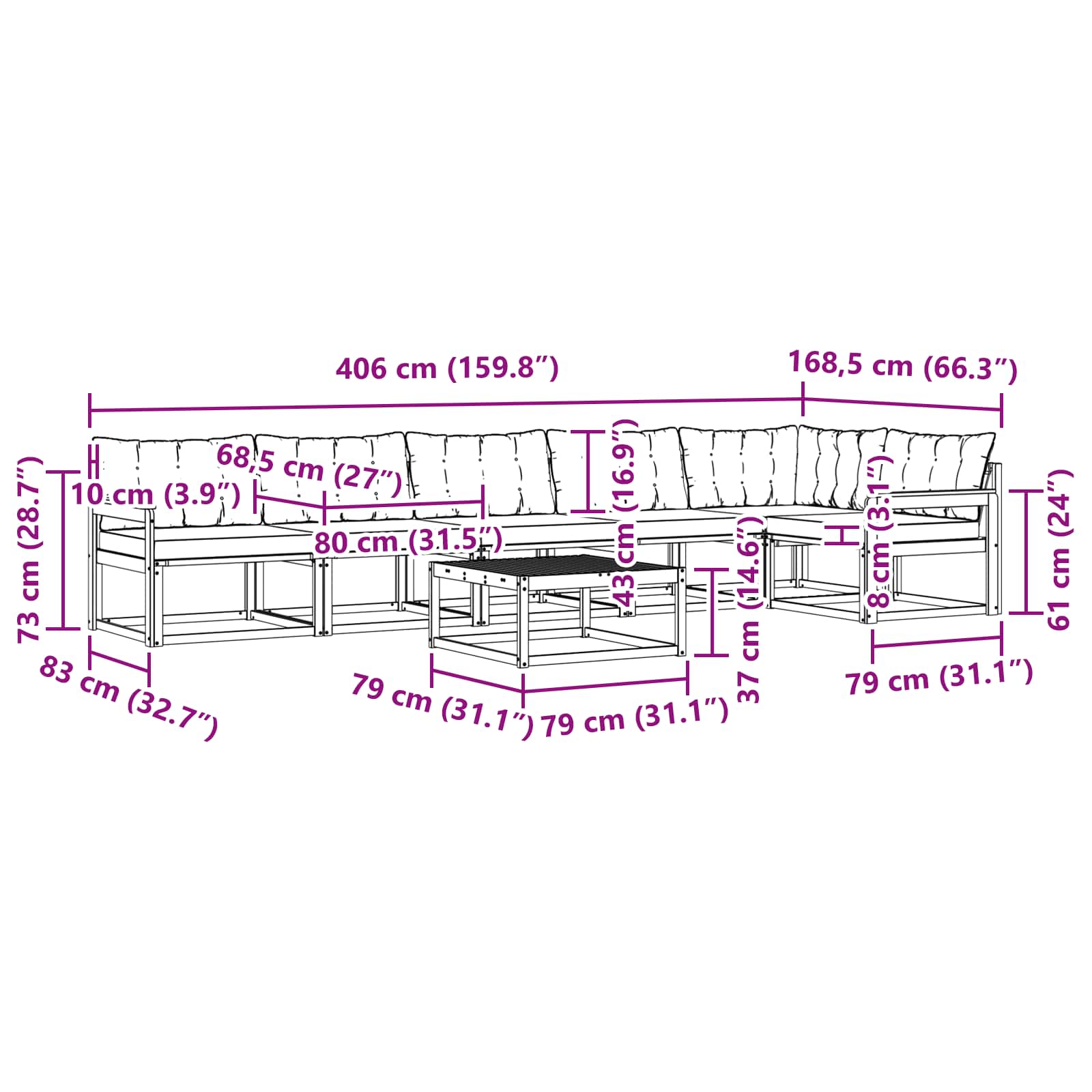 Σειρά Καναπέ Εξωτερικού με μαξιλάρι 7 pcs Φυσικό και Μαύρο - Pakobazaar
