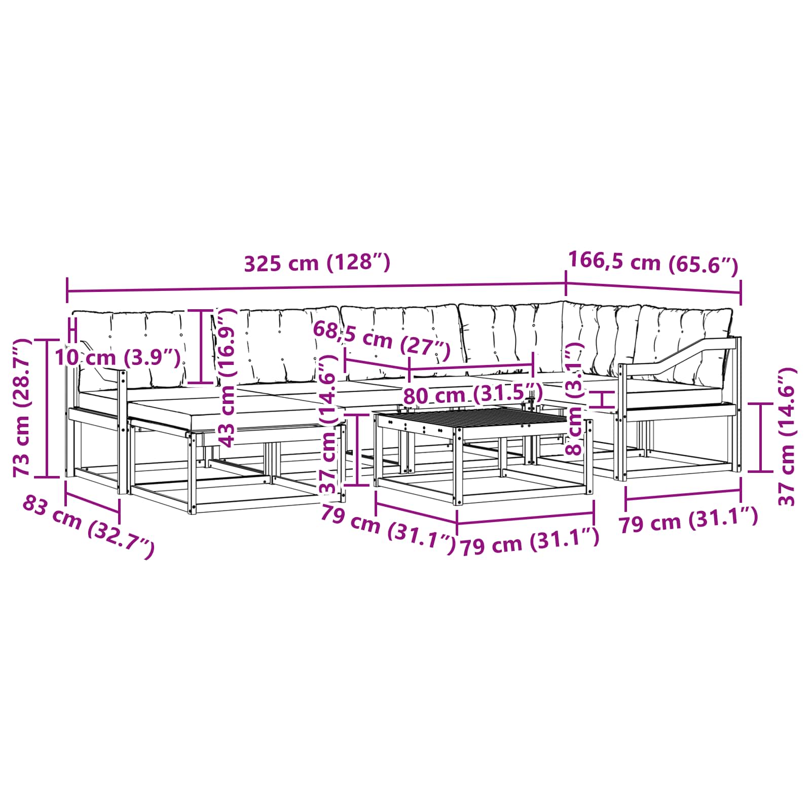Σειρά Καναπέ Εξωτερικού με μαξιλάρι 19 pcs Φυσικό και Μαύρο - Pakobazaar