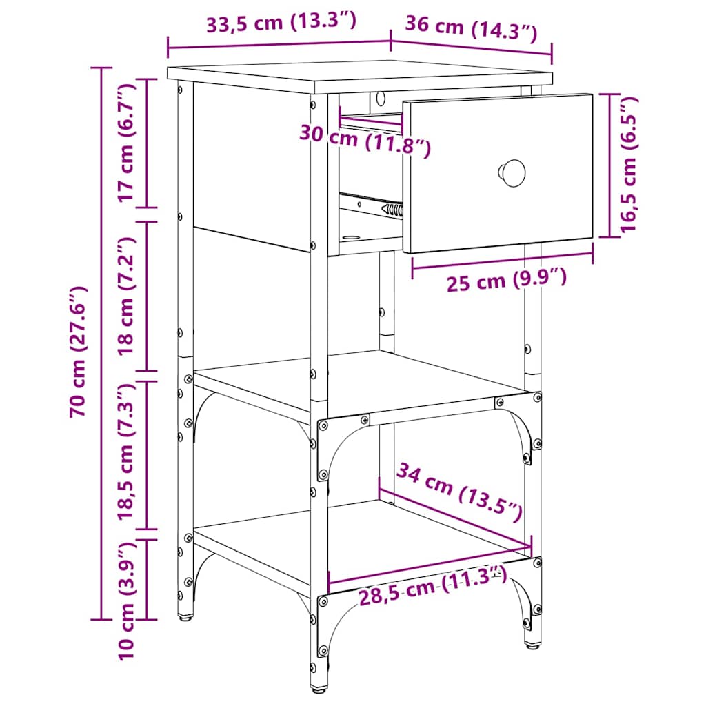 Κομοδίνο με συρτάρι Μαύρη Οξυά 33.5 x 36 x 70 εκ