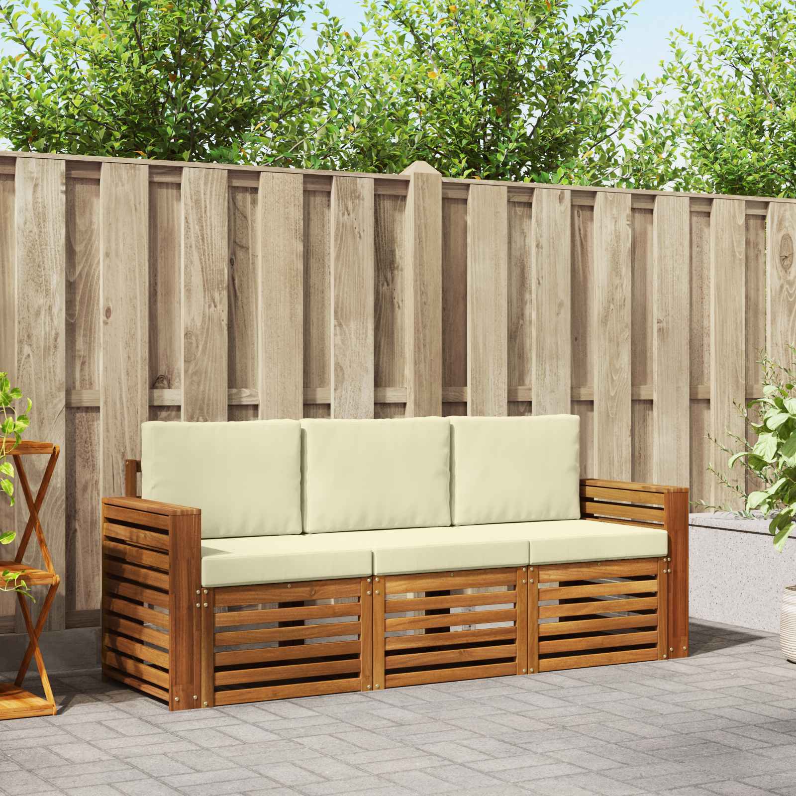 Σετ Καναπέ 3 pcs Φυσικό και Κρέμα Στερεό Ξύλο Ακακίας - Pakobazaar
