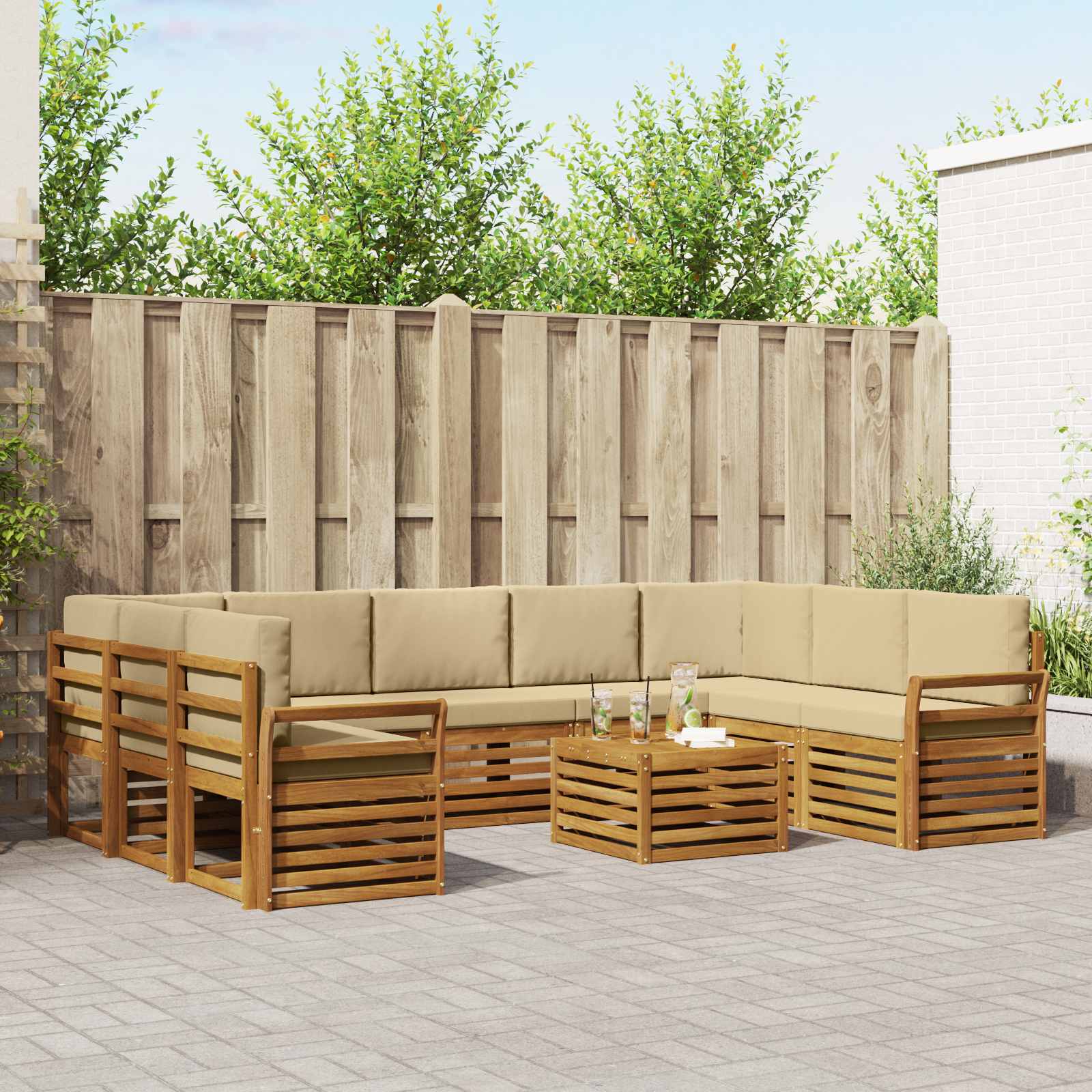 Σετ Καναπέ 10 pcs Φυσικό και Μπεζ Στερεό Ξύλο Ακακίας - Pakobazaar