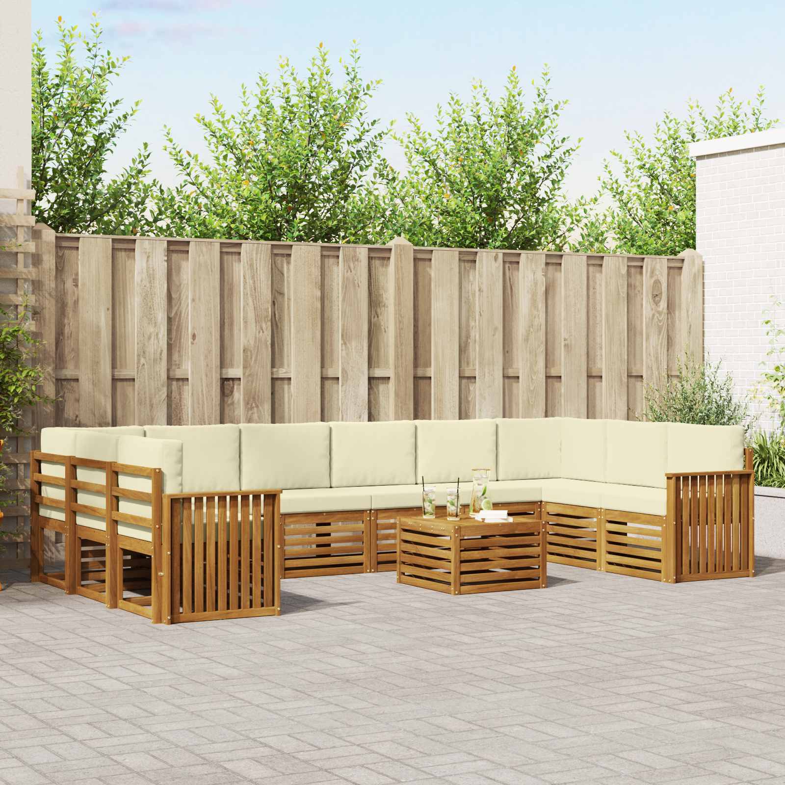 Σετ Καναπέ 11 pcs Φυσικό και Κρέμα Στερεό Ξύλο Ακακίας - Pakobazaar