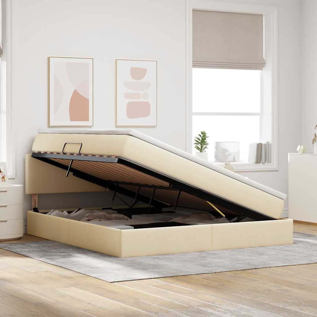 Κρεβάτι με αποθηκευτικό χώρο και LED Κρέμ 160 x 200 cm ύφασμα - Pakobazaar