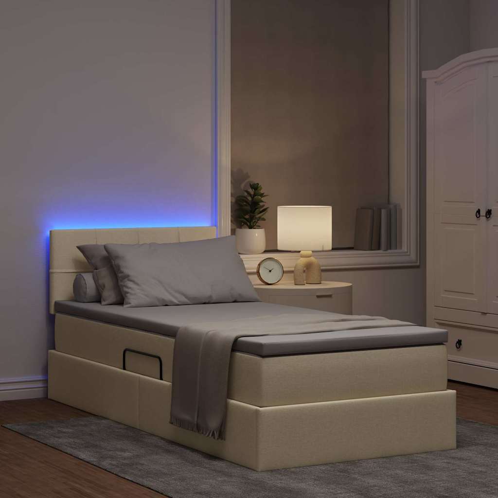 Κρεβάτι με αποθηκευτικό χώρο και LED Κρέμ 90 x 200 cm ύφασμα