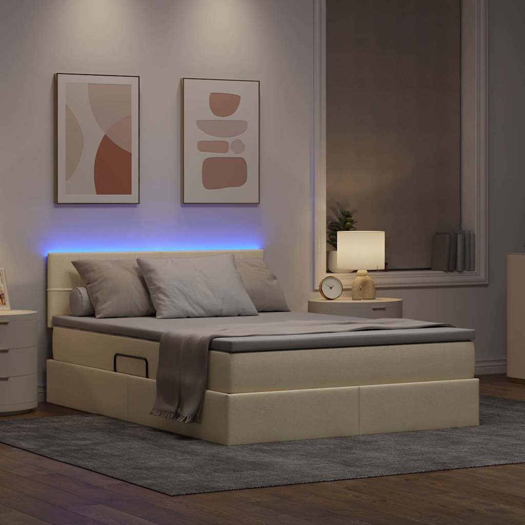 Κρεβάτι με αποθηκευτικό χώρο και LED Κρέμ 140 x 190 cm ύφασμα - Pakobazaar