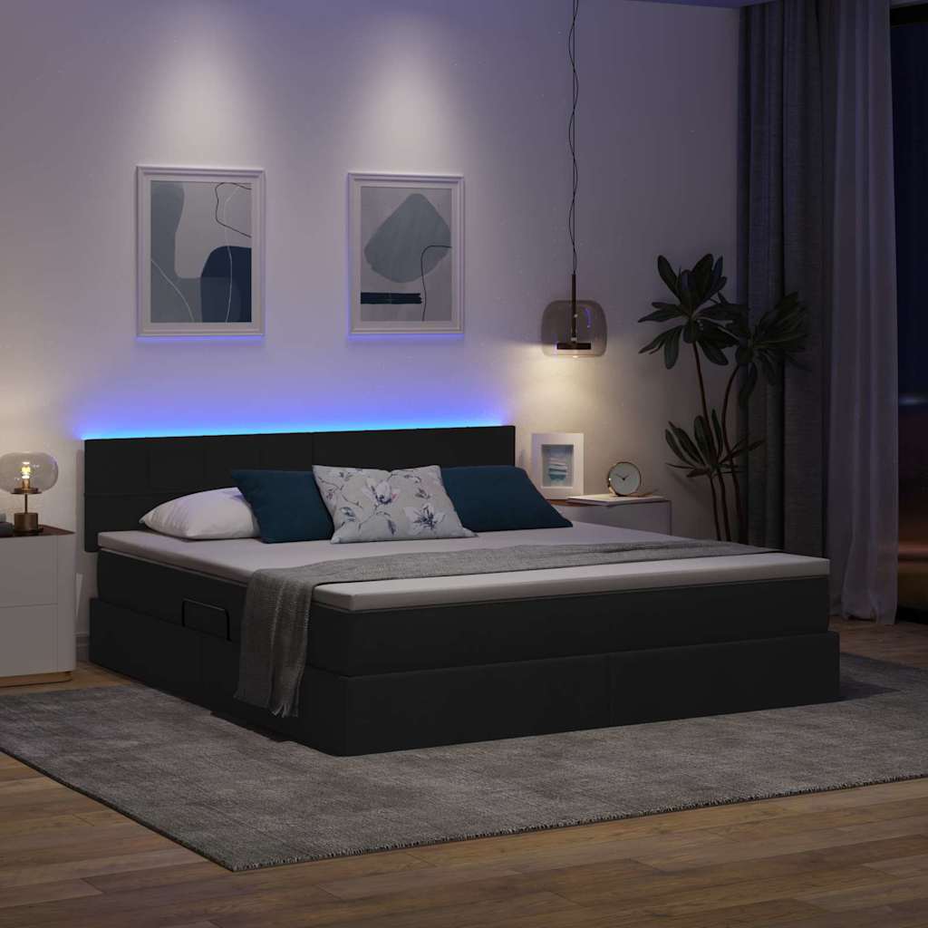 Κρεβάτι με αποθηκευτικό χώρο και LED Μαύρο 160 x 200 cm ύφασμα - Pakobazaar