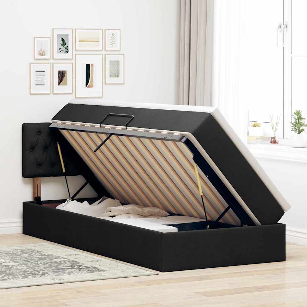 Κρεβάτι με αποθηκευτικό χώρο και LED Μαύρο 90 x 190 cm ύφασμα - Pakobazaar