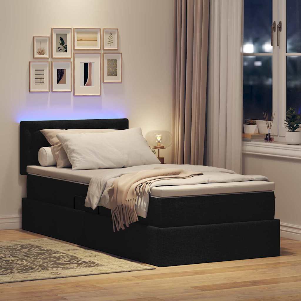 Κρεβάτι με αποθηκευτικό χώρο και LED Μαύρο 90 x 190 cm ύφασμα - Pakobazaar