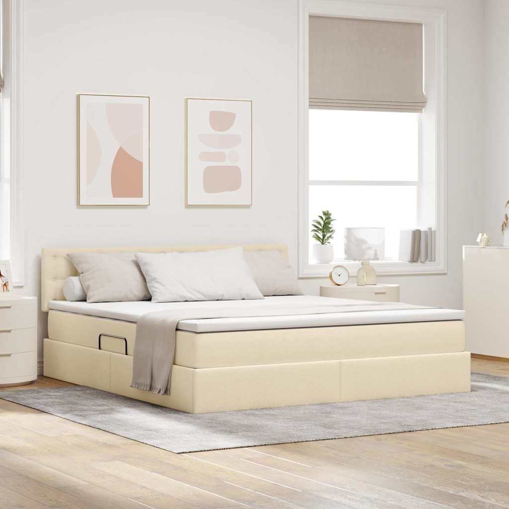 LED Κρεβάτι αποθήκευσης με στρώμα Κρέμ 180 x 200 cm Ύφασμα