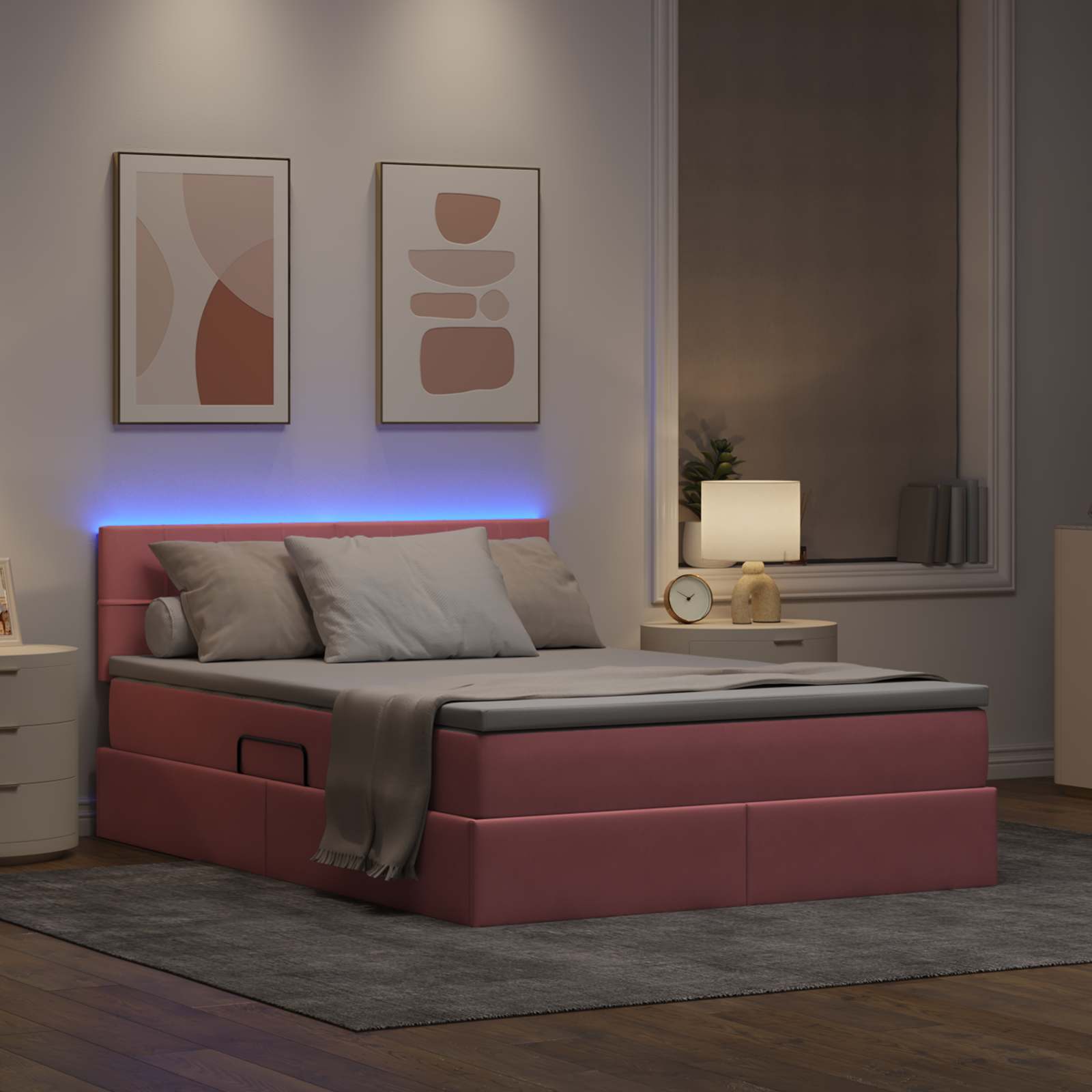 Κρεβάτι με αποθηκευτικό χώρο και LED Ροζ 140 x 190 cm Βελούδο - Pakobazaar