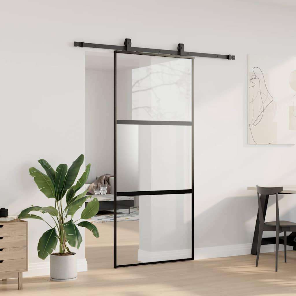 Συρόμενη πόρτα με σετ υλικού Μαύρο 90x205 cm γυαλί μετριασμένο