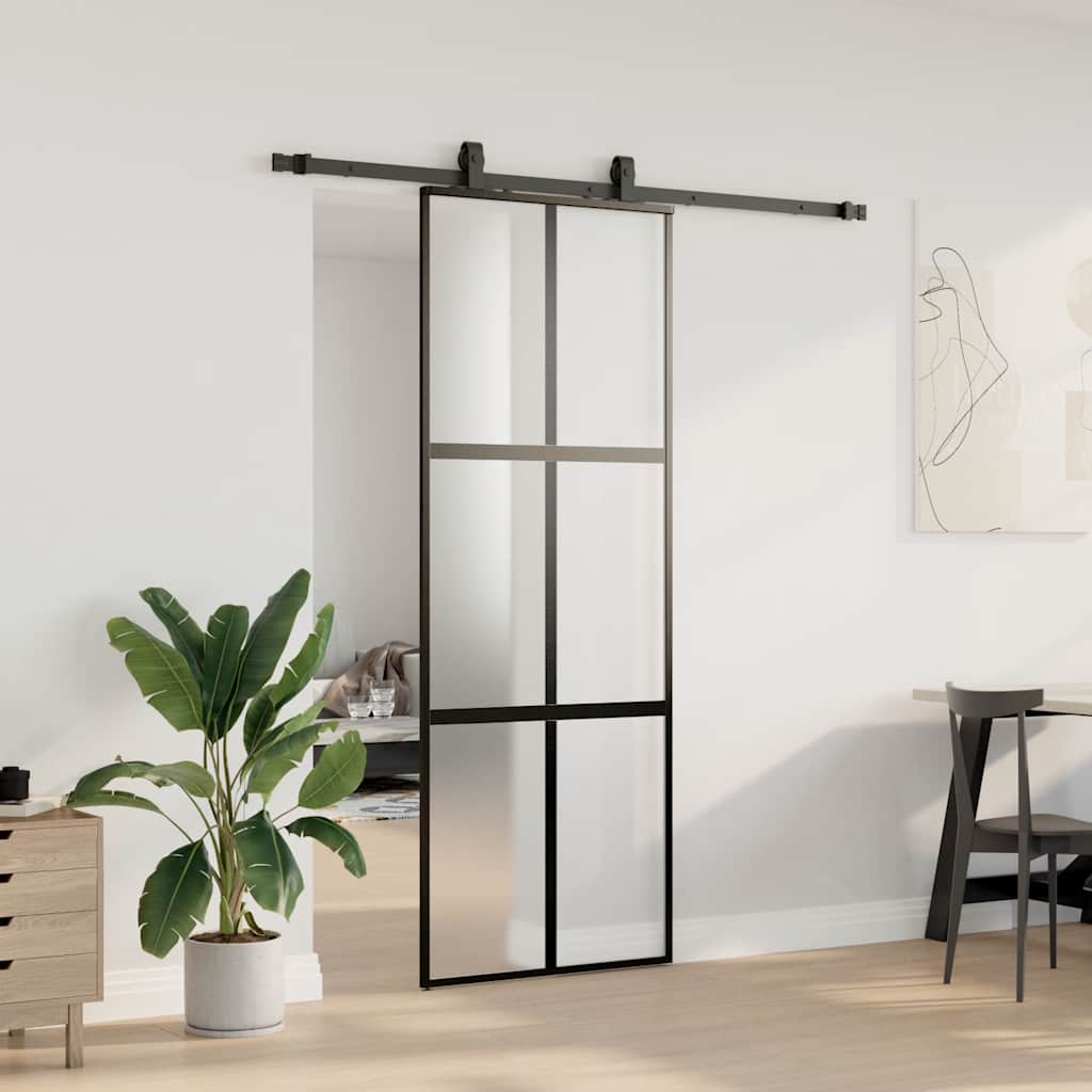 Συρόμενη πόρτα με σετ υλικού Μαύρο 76x205 cm γυαλί μετριασμένο