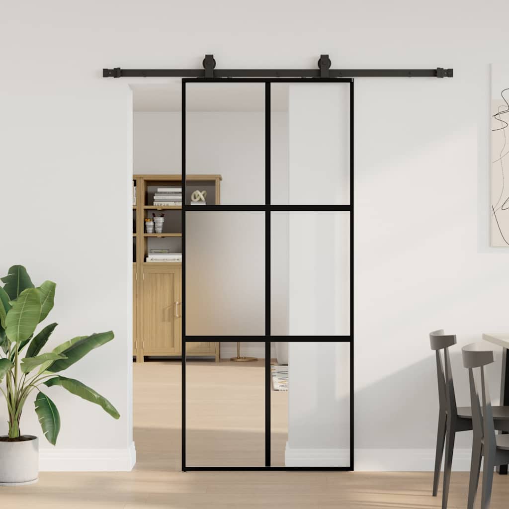 Συρόμενη πόρτα με σετ υλικού Μαύρο 90x205 cm γυαλί μετριασμένο
