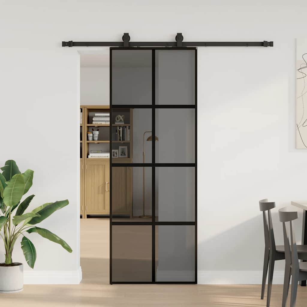 Συρόμενη πόρτα με σετ υλικού Μαύρο 76x205 cm γυαλί μετριασμένο