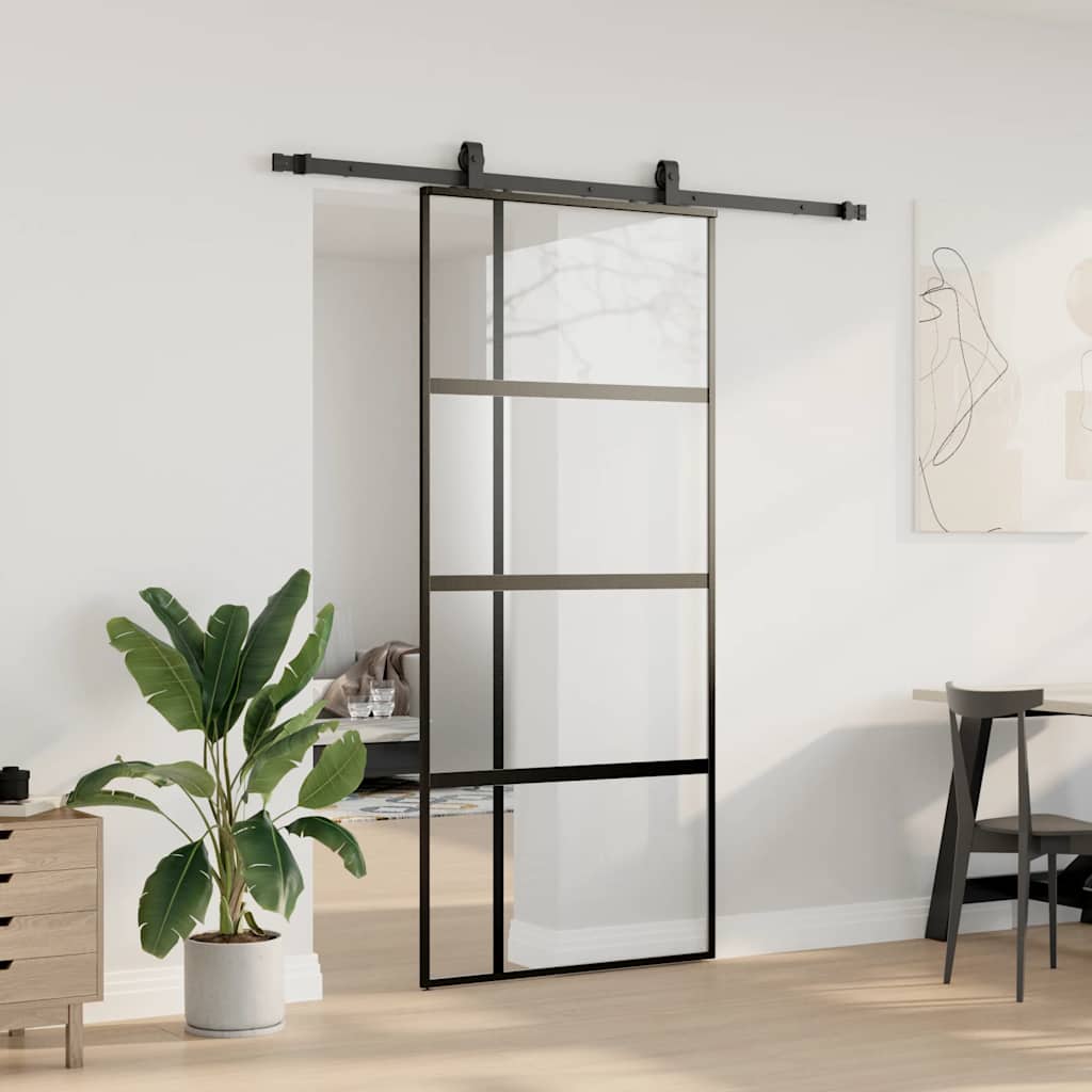 Συρόμενη πόρτα με σετ υλικού Μαύρο 90x205 cm γυαλί μετριασμένο