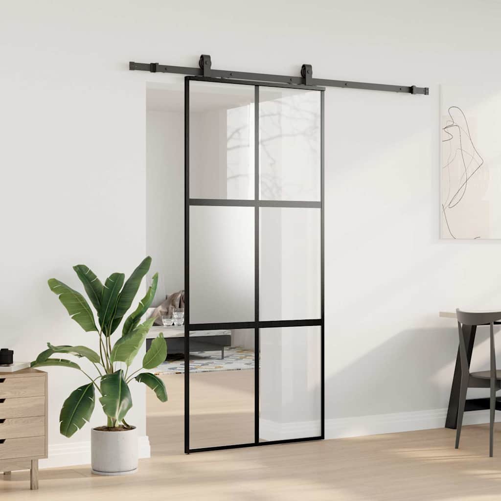 Συρόμενη πόρτα με σετ υλικού Μαύρο 90x205 cm γυαλί μετριασμένο