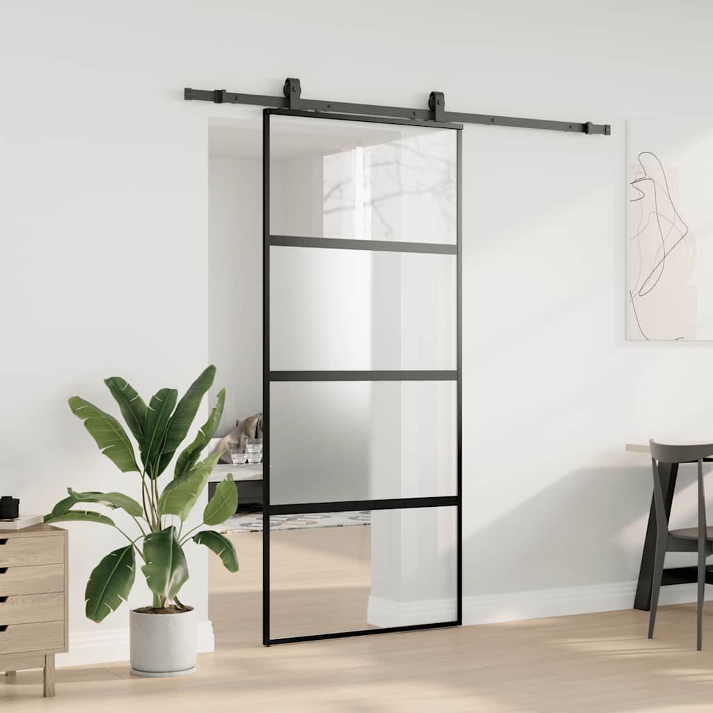 Συρόμενη πόρτα με σετ υλικού Μαύρο 90x205 cm γυαλί μετριασμένο