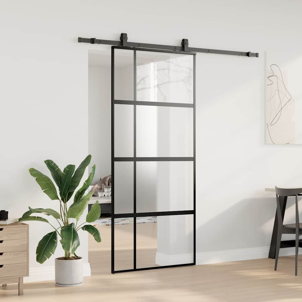 Συρόμενη πόρτα με σετ υλικού Μαύρο 90x205 cm γυαλί μετριασμένο
