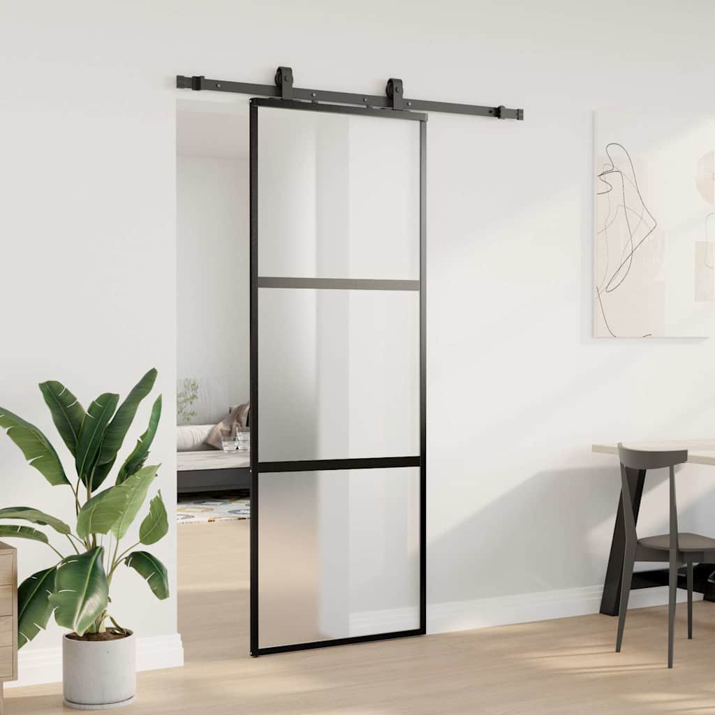 Συρόμενη πόρτα με σετ υλικού Μαύρο 76x205 cm γυαλί μετριασμένο - Pakobazaar