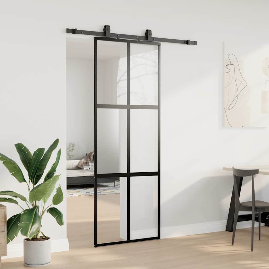 Συρόμενη πόρτα με σετ υλικού Μαύρο 76x205 cm γυαλί μετριασμένο - Pakobazaar