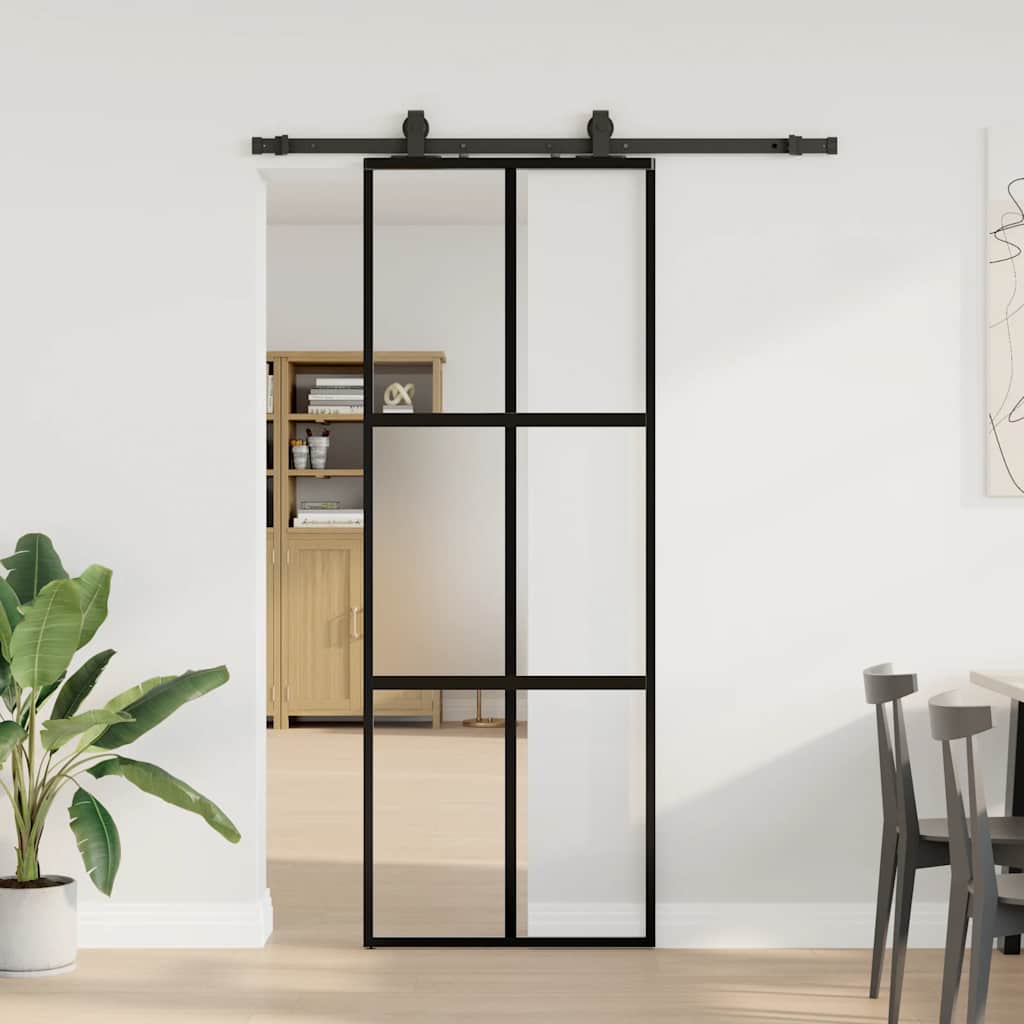 Συρόμενη πόρτα με σετ υλικού Μαύρο 76x205 cm γυαλί μετριασμένο - Pakobazaar