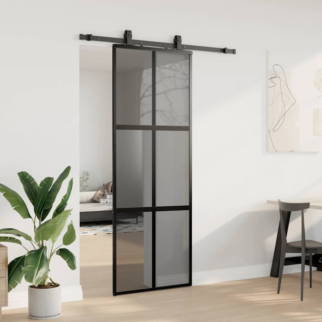 Συρόμενη πόρτα με σετ υλικού Μαύρο 76x205 cm γυαλί μετριασμένο