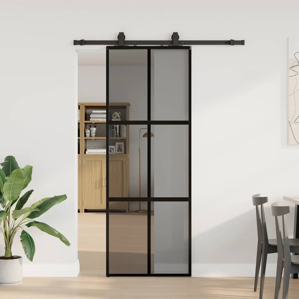 Συρόμενη πόρτα με σετ υλικού Μαύρο 76x205 cm γυαλί μετριασμένο