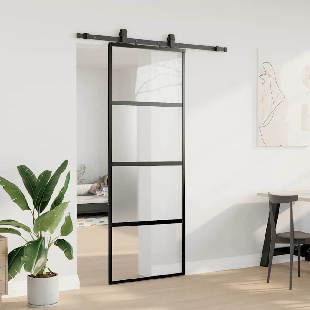 Συρόμενη πόρτα με σετ υλικού Μαύρο 76x205 cm γυαλί μετριασμένο