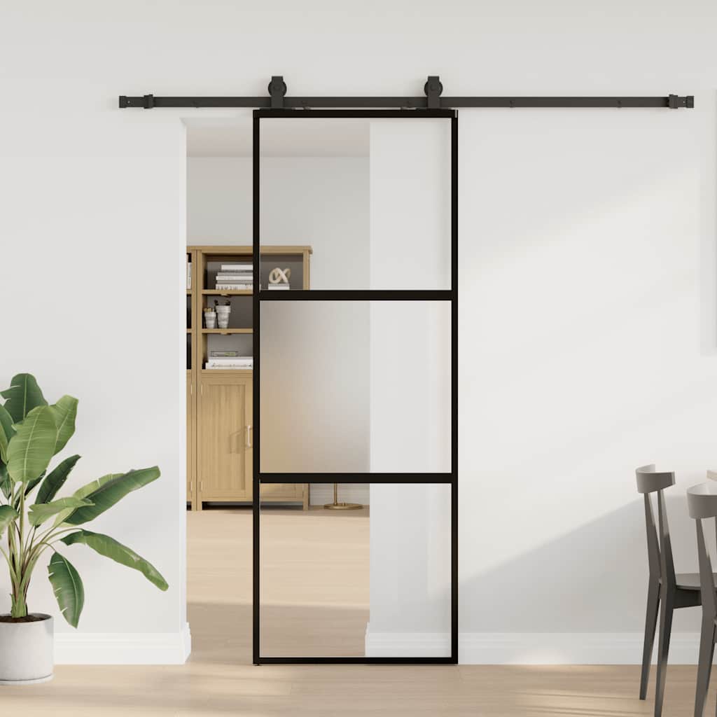 Συρόμενη πόρτα με σετ υλικού Μαύρο 76x205 cm γυαλί μετριασμένο - Pakobazaar
