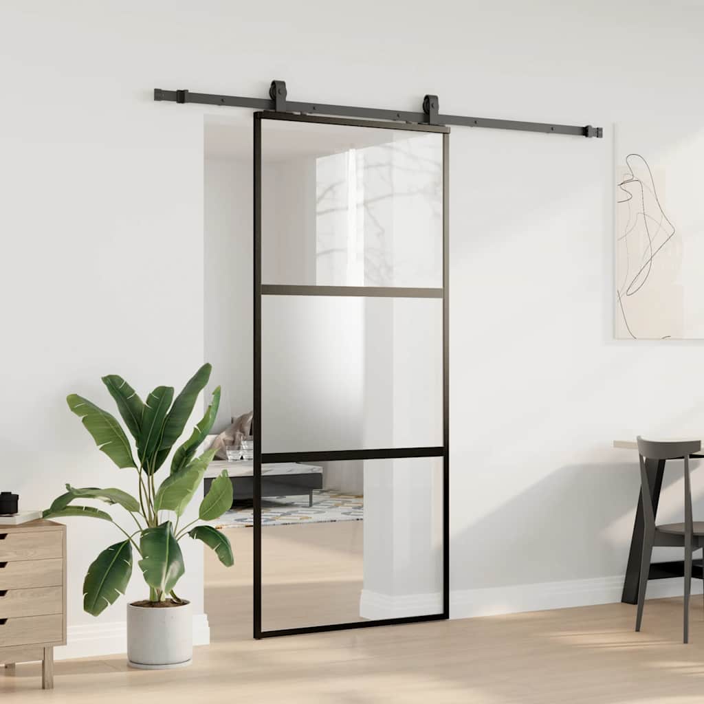 Συρόμενη πόρτα με σετ υλικού Μαύρο 90x205 cm γυαλί μετριασμένο