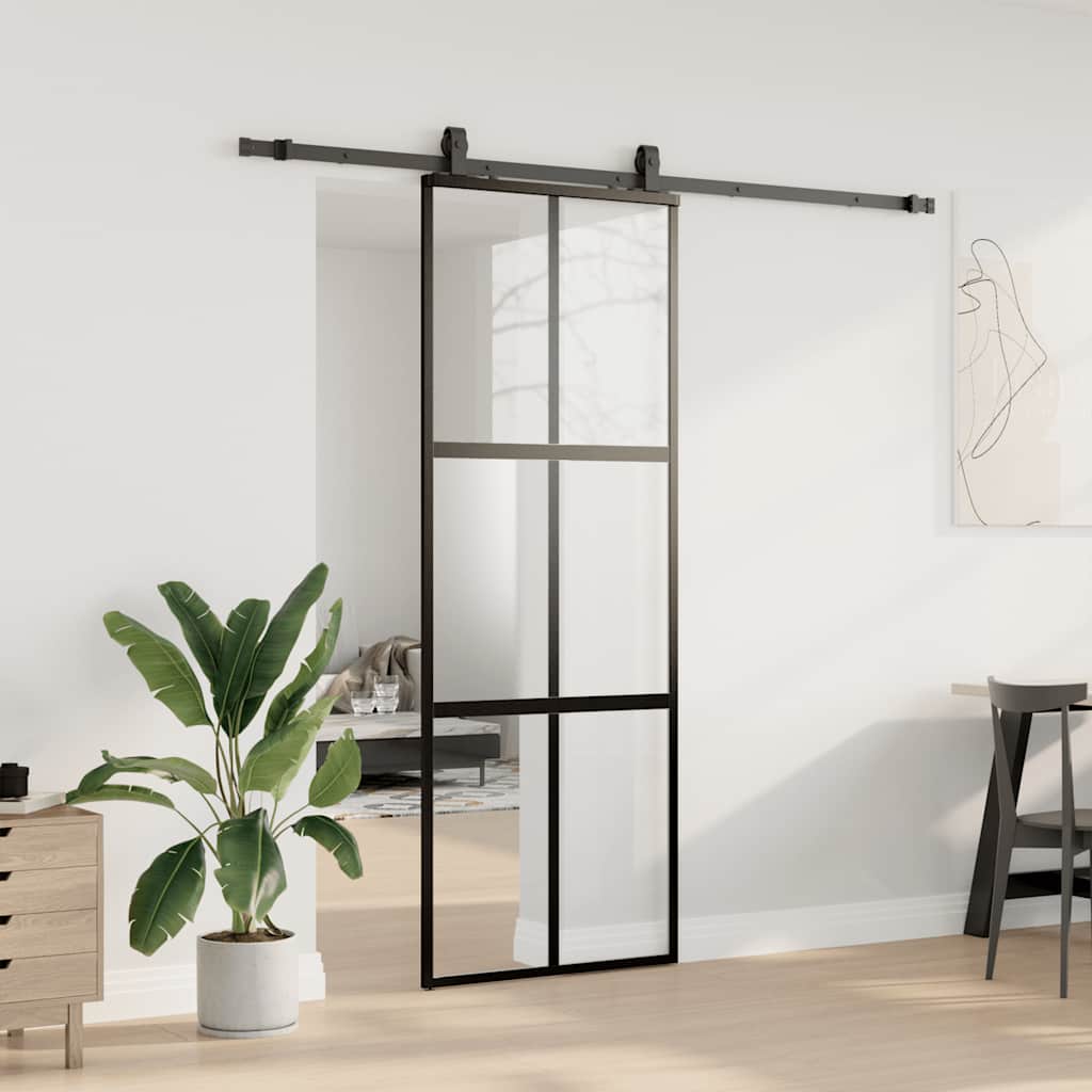 Συρόμενη πόρτα με σετ υλικού Μαύρο 76x205 cm γυαλί μετριασμένο - Pakobazaar