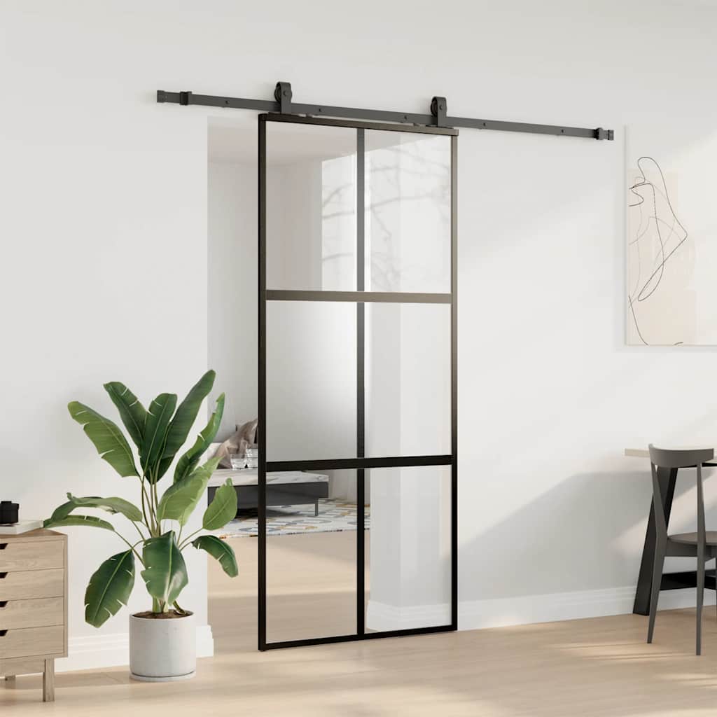 Συρόμενη πόρτα με σετ υλικού Μαύρο 90x205 cm γυαλί μετριασμένο - Pakobazaar