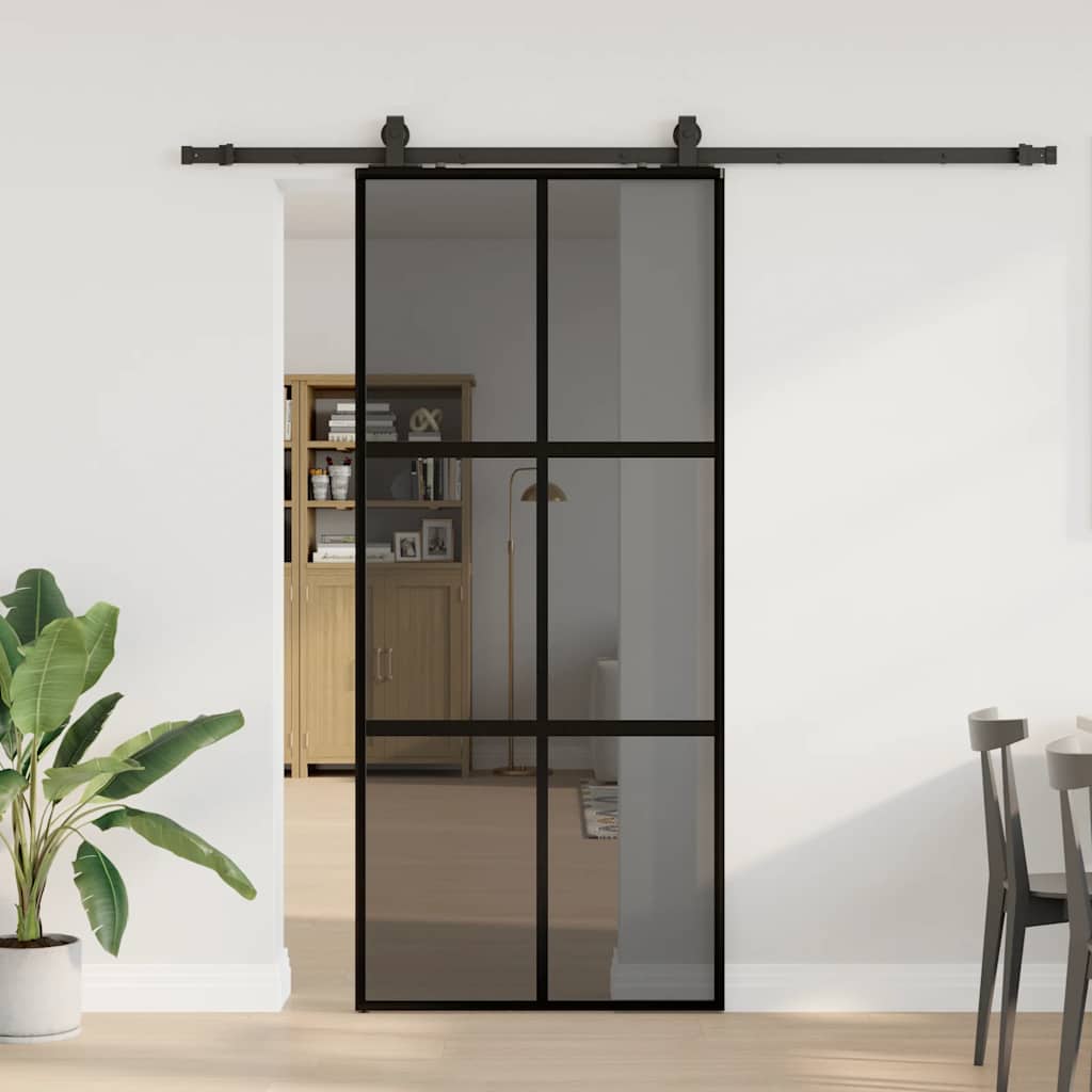 Συρόμενη πόρτα με σετ υλικού Μαύρο 90x205 cm γυαλί μετριασμένο