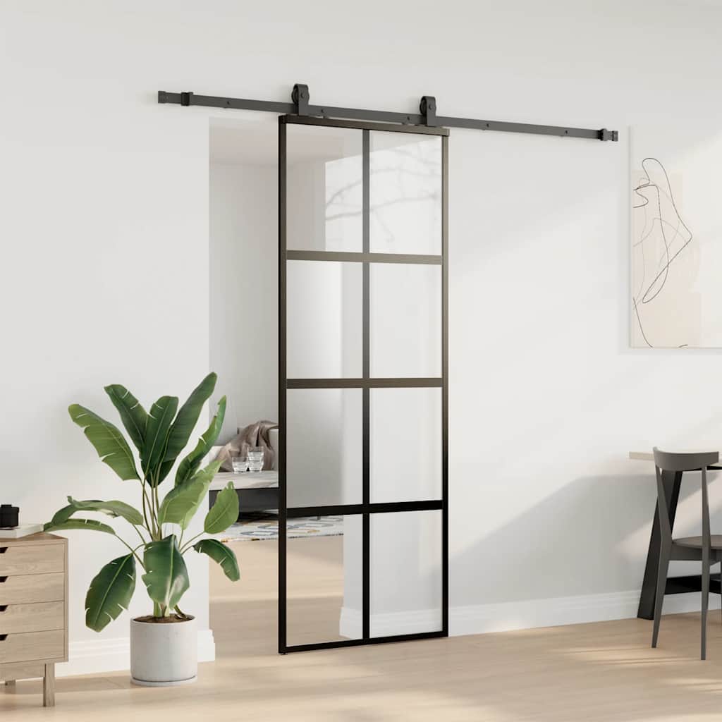 Συρόμενη πόρτα με σετ υλικού Μαύρο 76x205 cm γυαλί μετριασμένο - Pakobazaar
