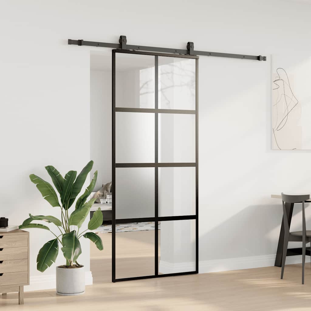 Συρόμενη πόρτα με σετ υλικού Μαύρο 90x205 cm γυαλί μετριασμένο - Pakobazaar