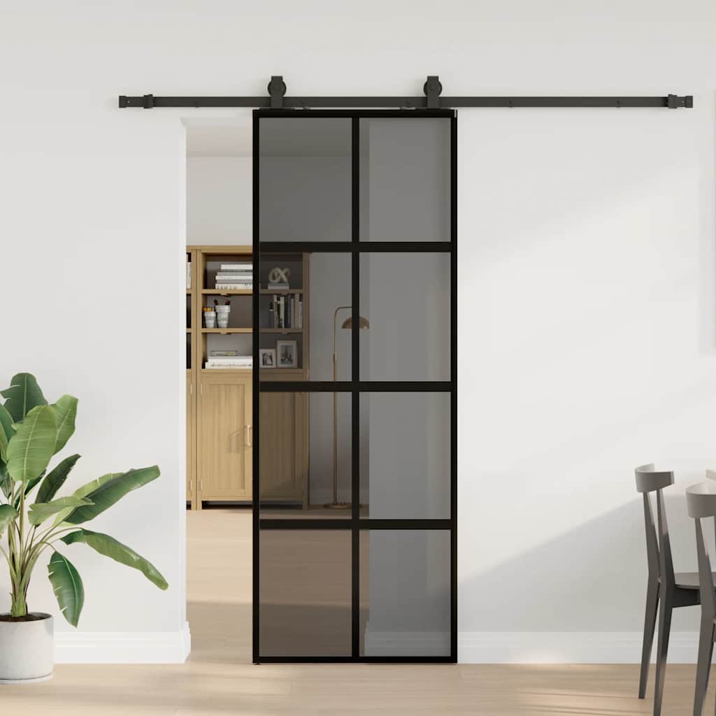 Συρόμενη πόρτα με σετ υλικού Μαύρο 76x205 cm γυαλί μετριασμένο