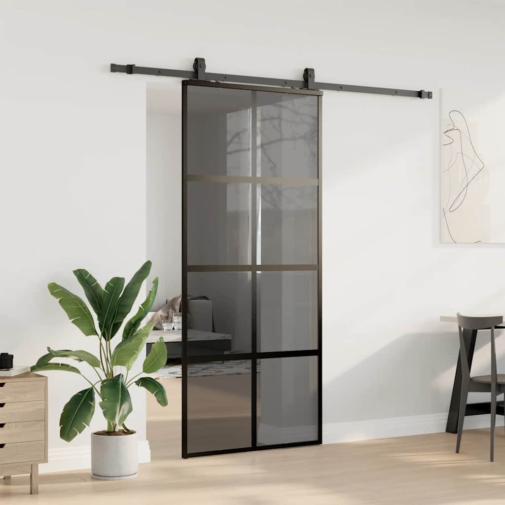 Συρόμενη πόρτα με σετ υλικού Μαύρο 90x205 cm γυαλί μετριασμένο