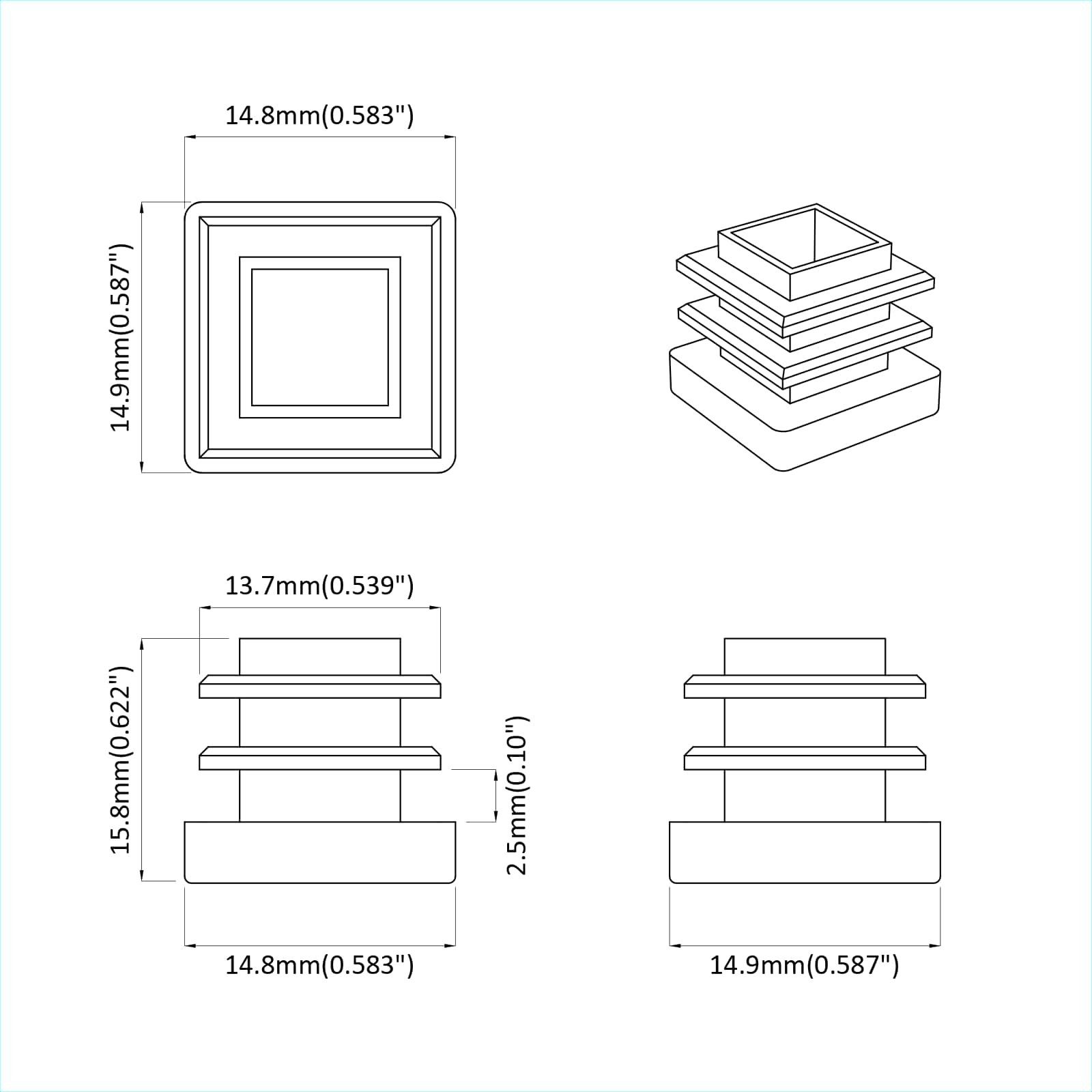 Καπάκια Τέλους 12 pcs Μαύρο 15 x 15 x 15 χιλιοστά PP