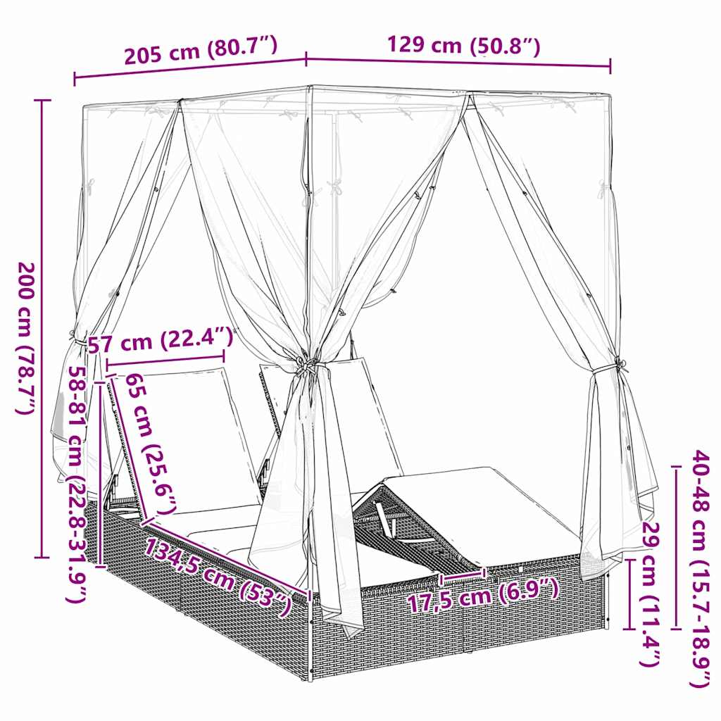 Διπλή ξαπλώστρα Γκρι 205 x 129 x 200 εκ συνθετικό ρατάν