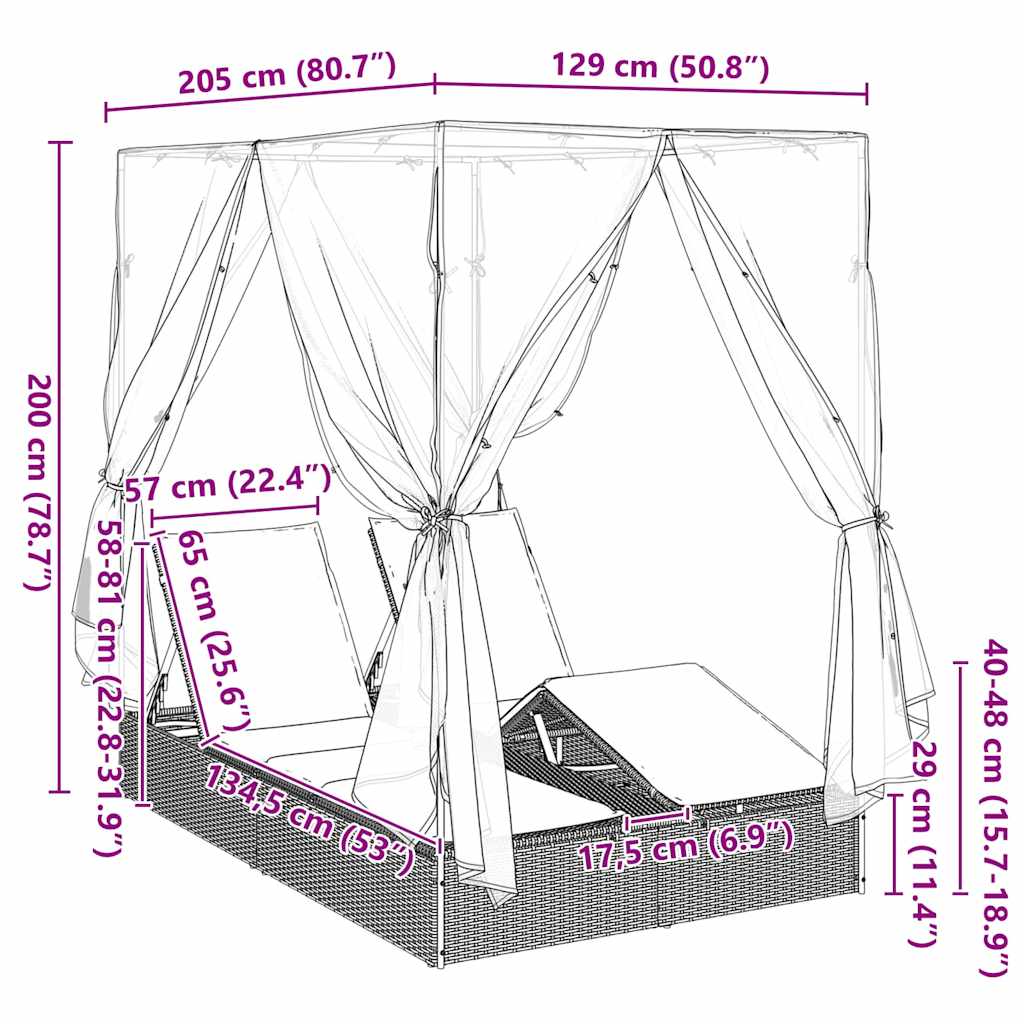 Διπλή ξαπλώστρα Ανοιχτό γκρι 205 x 129 x 200 εκ συνθετικό ρατάν