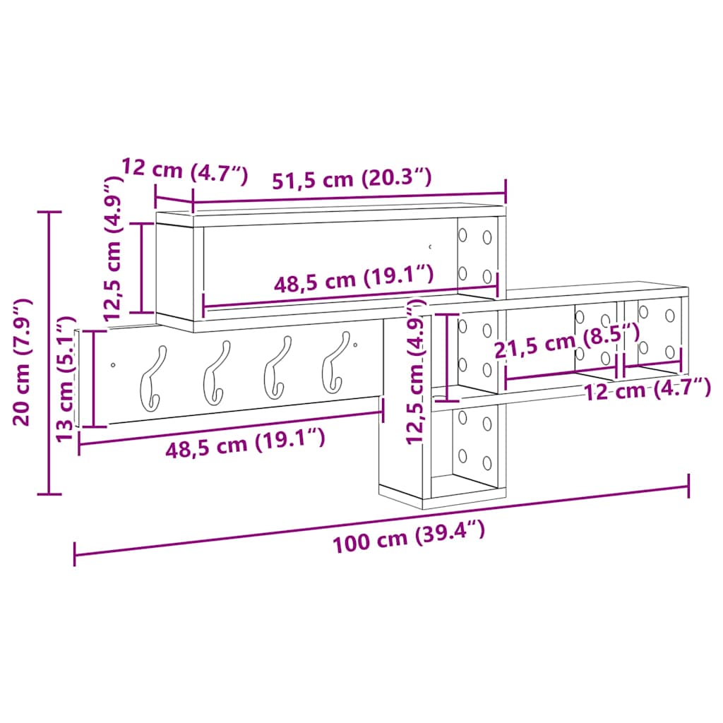 Τοίχου Κρεμάστρα με ράφι Δρύς Sonoma 100 x 12 x 43,5 εκ - Pakobazaar