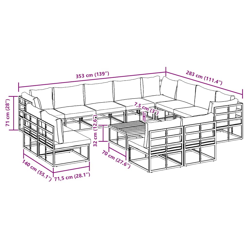Σετ Καναπέ Κήπου με μαξιλάρι 13 pcs Μαύρο Αλουμίνιο