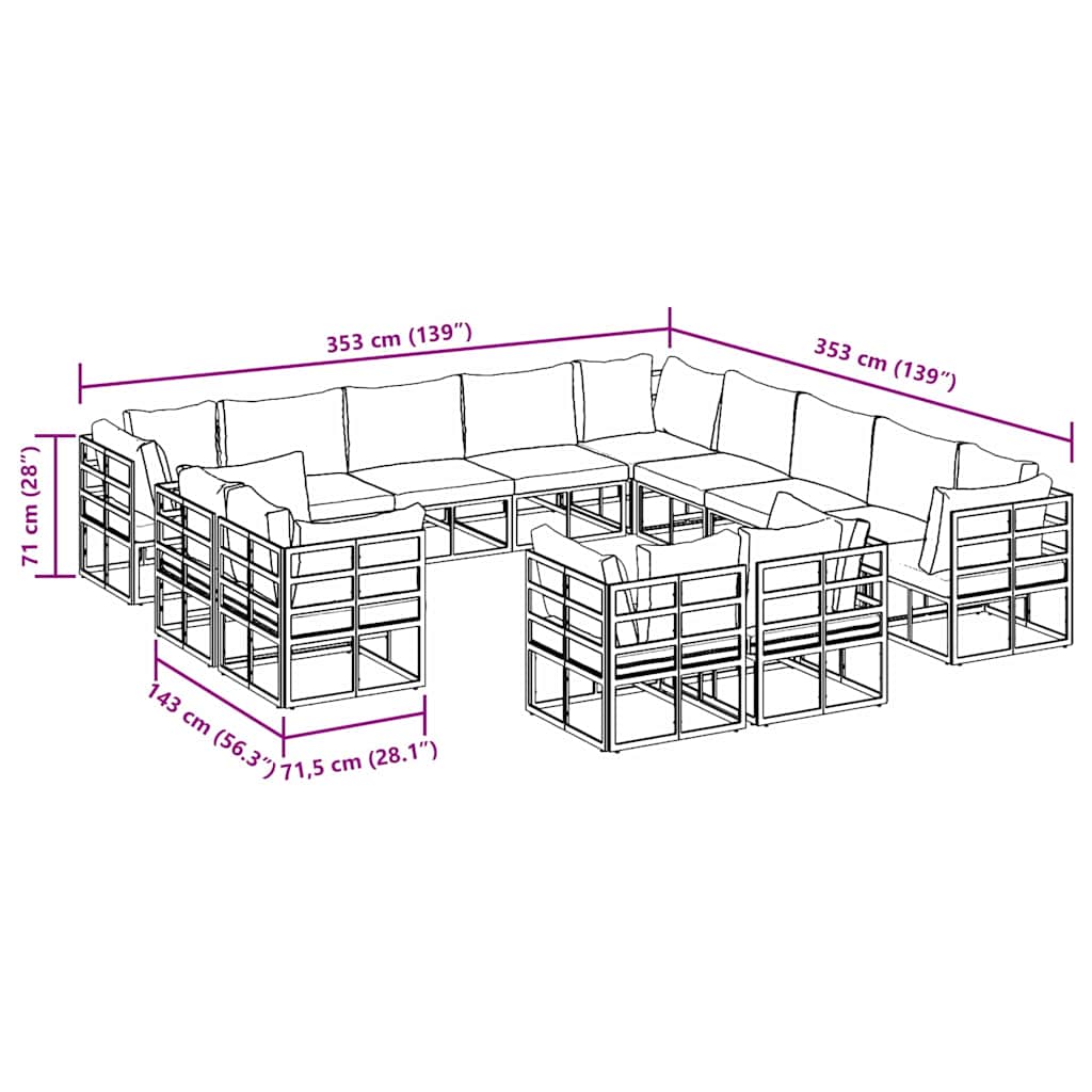 Σετ Καναπέ Κήπου με μαξιλάρι 13 pcs Μαύρο Αλουμίνιο