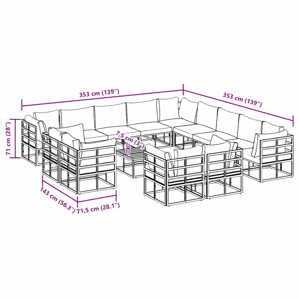 Σετ Καναπέ Κήπου με μαξιλάρι 14 pcs Μαύρο Αλουμίνιο
